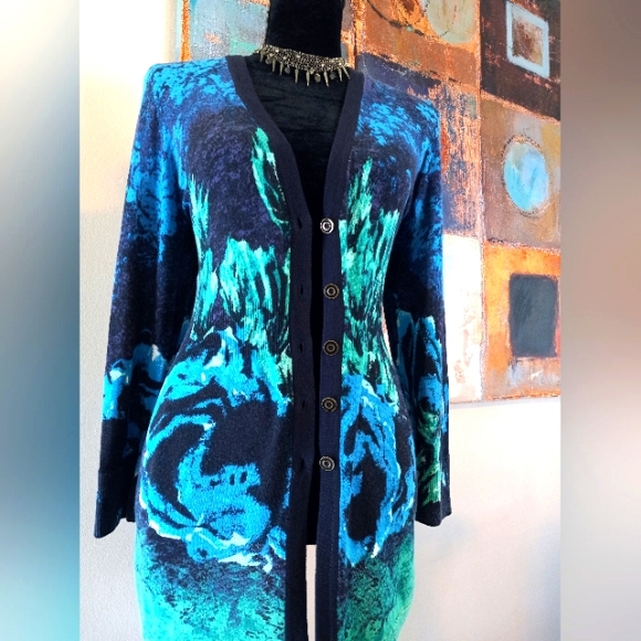 Nic + Zoe Cardigan Bold  Print Sweater Blue/ Green/ Purple Sz. L - Picture 8 of 12